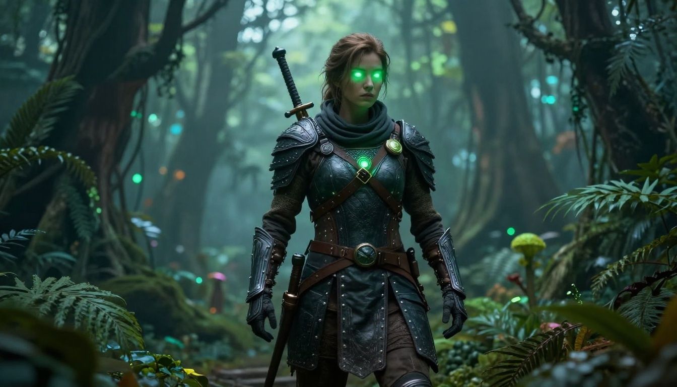 Um guerreiro solitário em uma floresta futurista com iluminação volumétrica e vegetação hiper realista