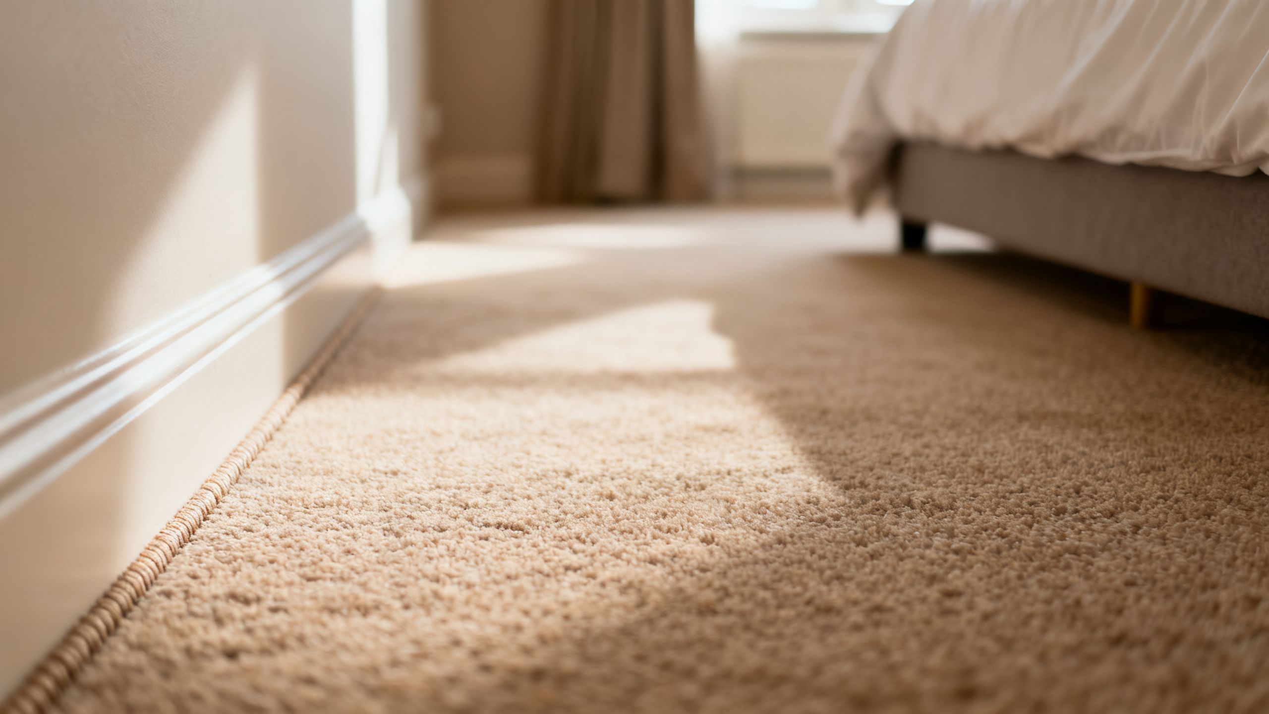 Newly fitted carpet in a Bristol double bedroom, with neat edges and a natural mid-range carpet finish