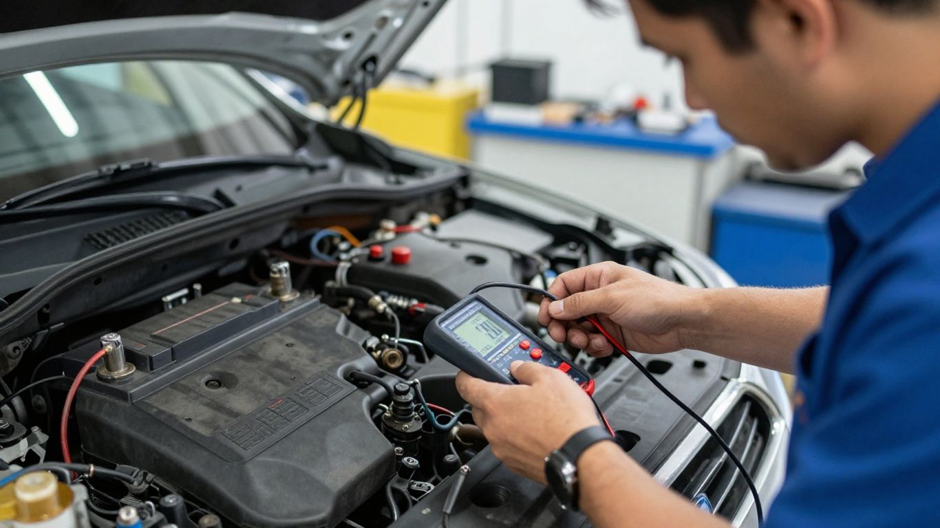 Mechaniker prüft die Batterie eines Gebrauchtwagens