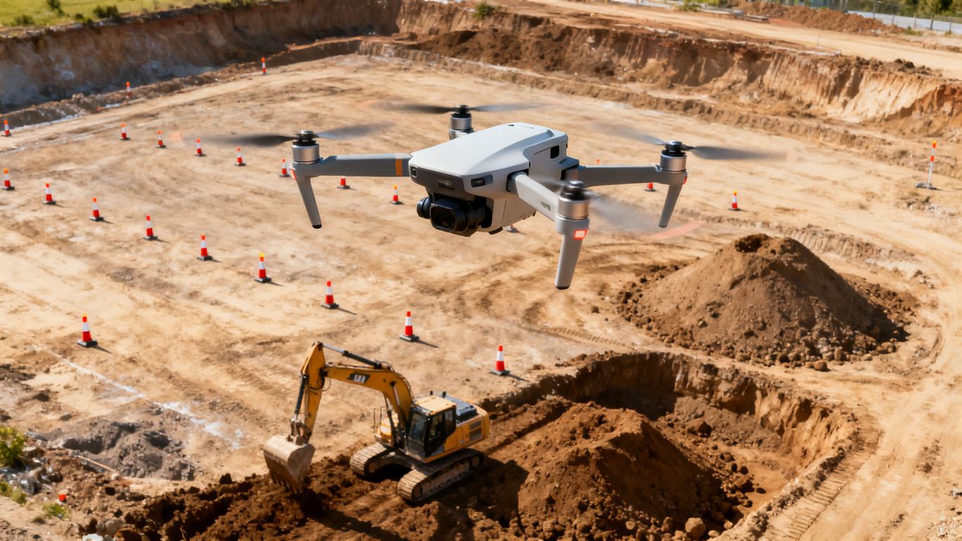 Drone flying above an active grading site