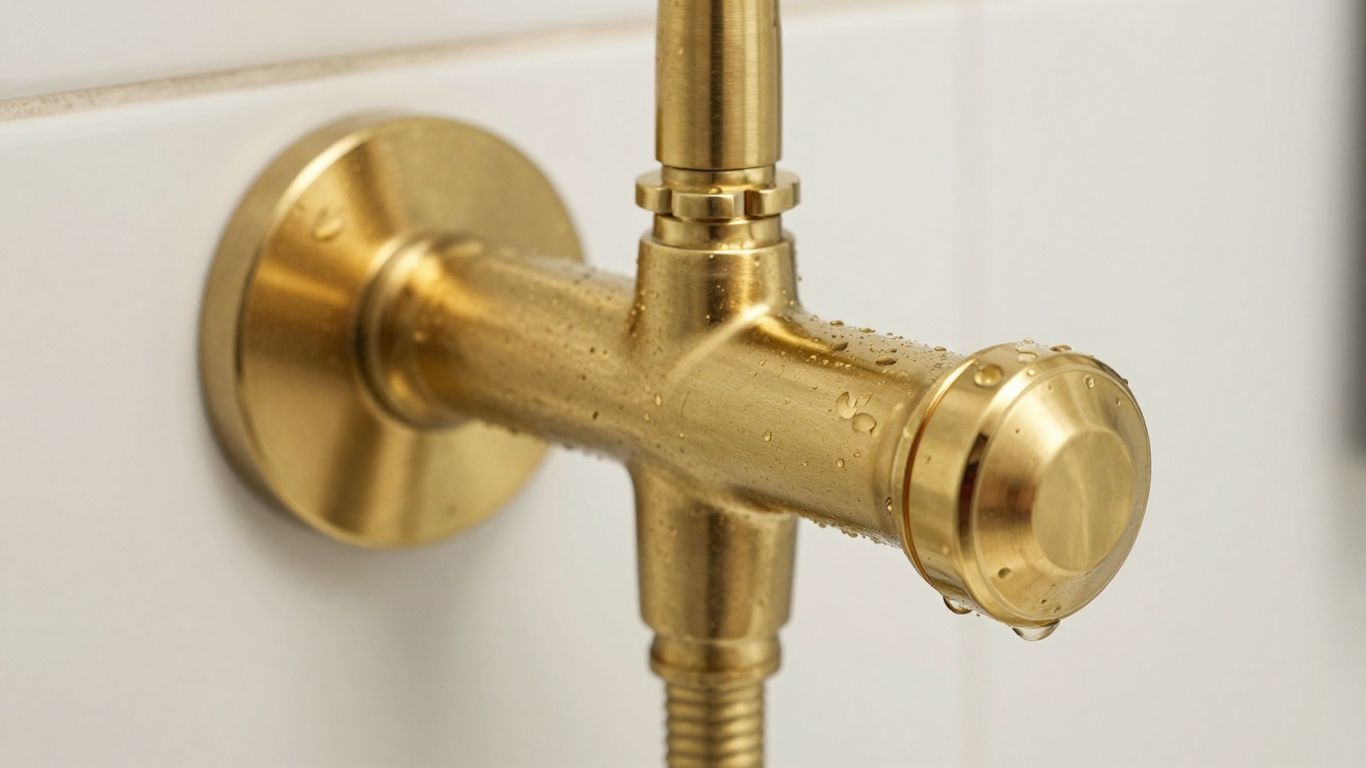 Brass thermostatic mixer shower valve in a bathroom.
