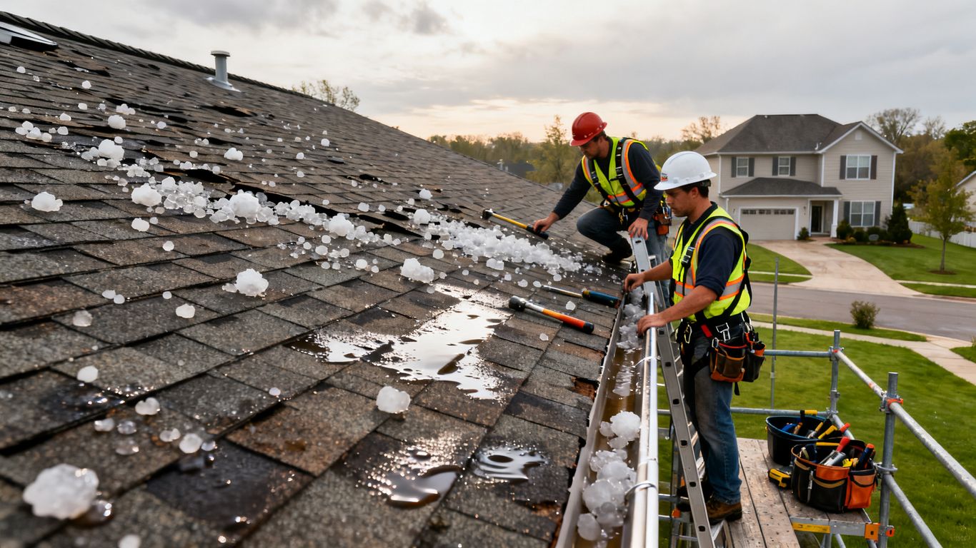 Roofing crew inspecting storm damaged home