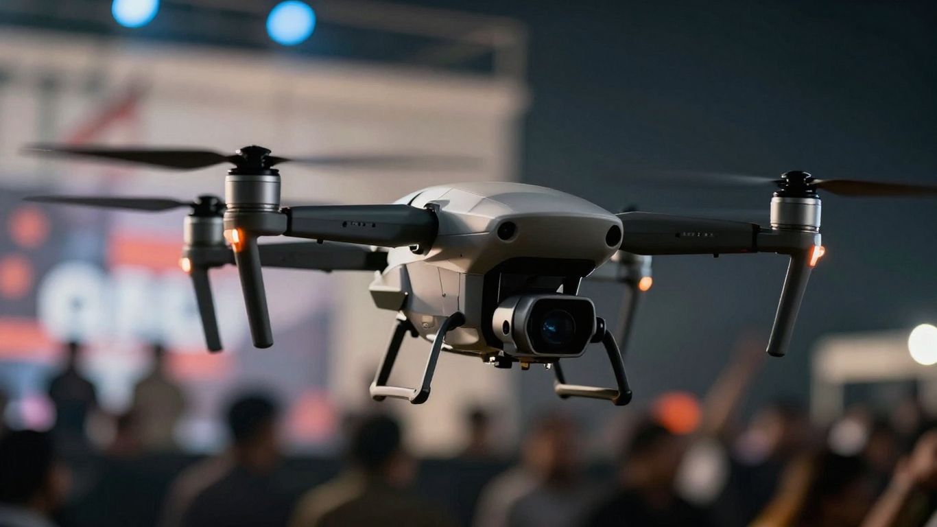 Drone in flight with political backdrop.