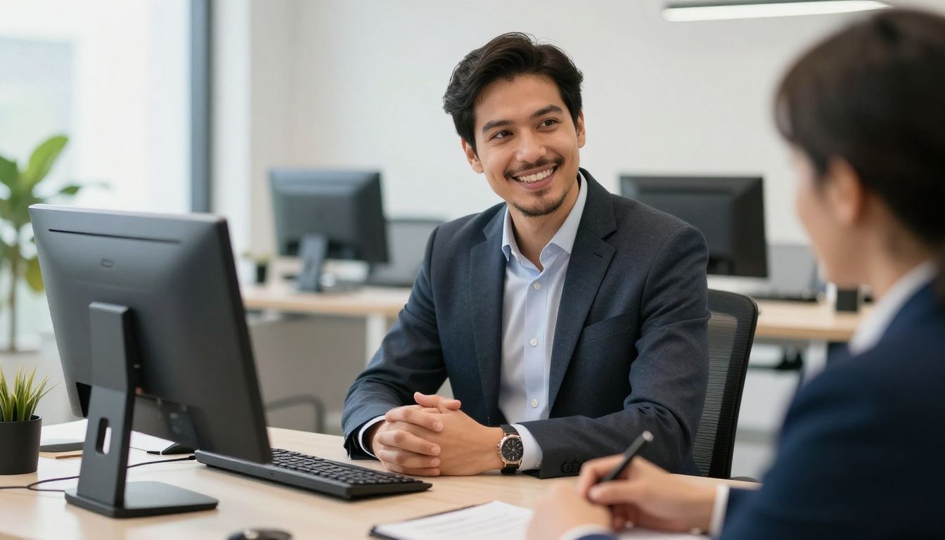 Profissional de banco confiante durante uma entrevista de emprego em um escritório moderno com iluminação profissional, estilo corporativo elegante