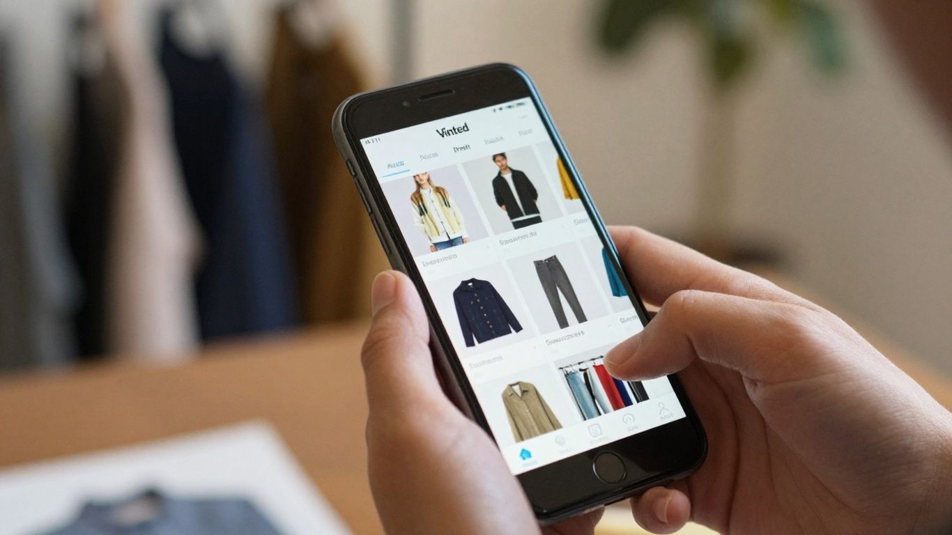 Vinted App auf einem Smartphone mit Kleidung