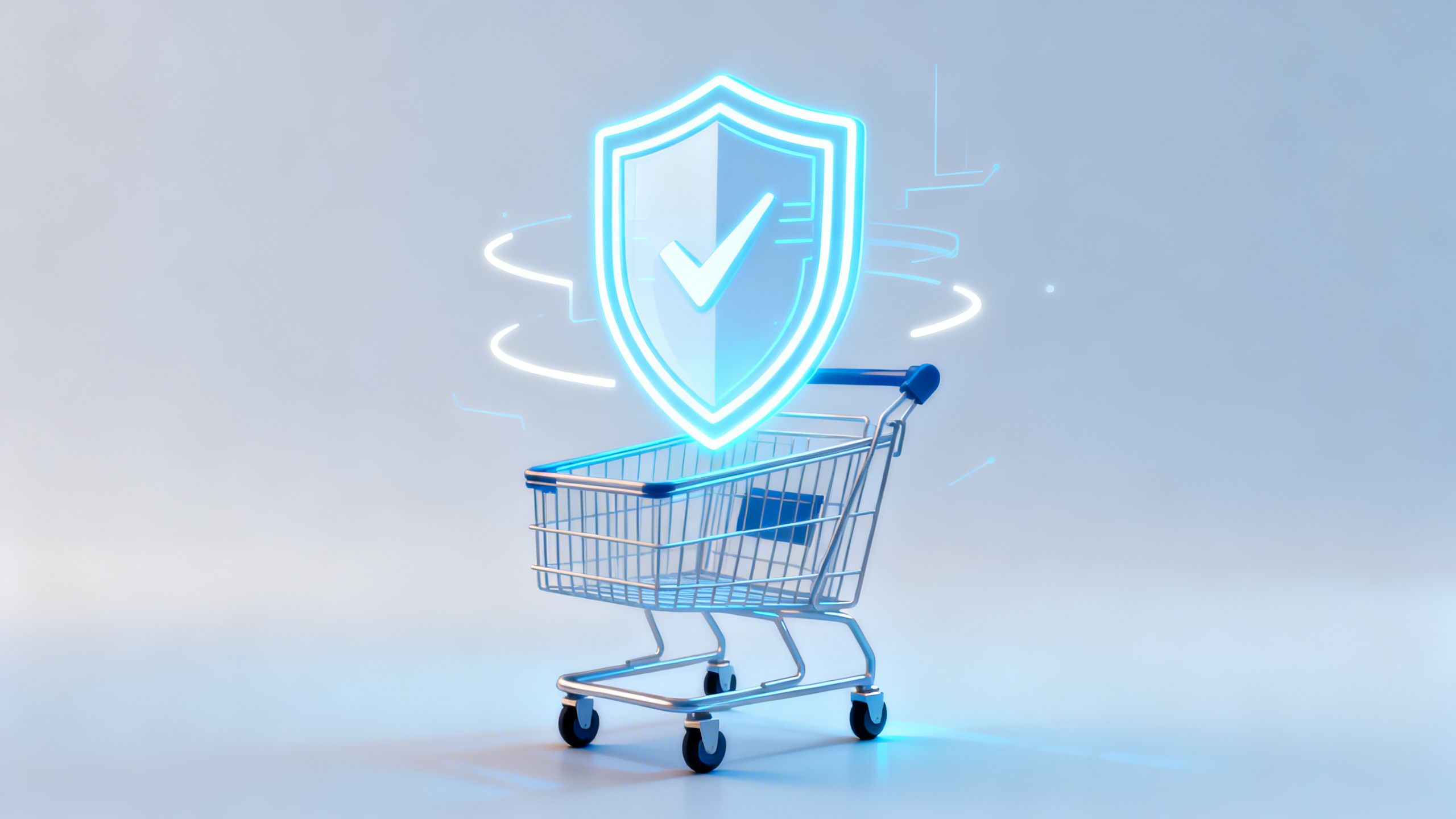 A digital shield icon glowing over a shopping cart, illustrating how trusted AI protects an eCommerce brand's reputation and revenue.