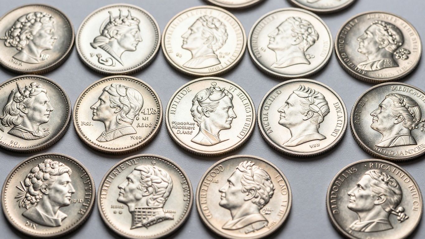 Collection of modern proof coins with mirrored and frosted finishes.