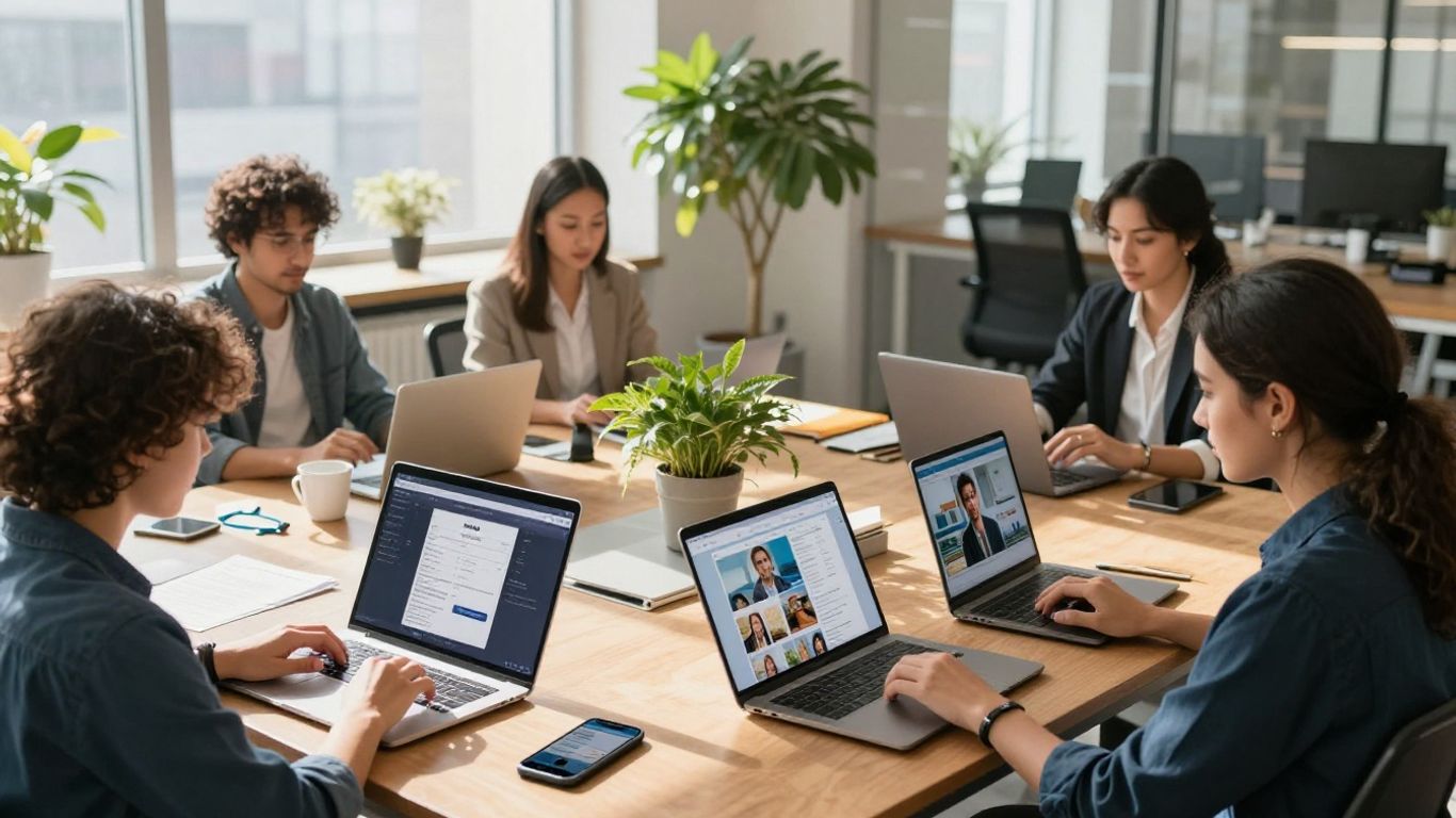Business professionals using social media on devices.