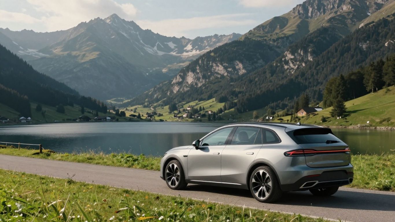 Schweizer Mietwagen vor alpiner Landschaft