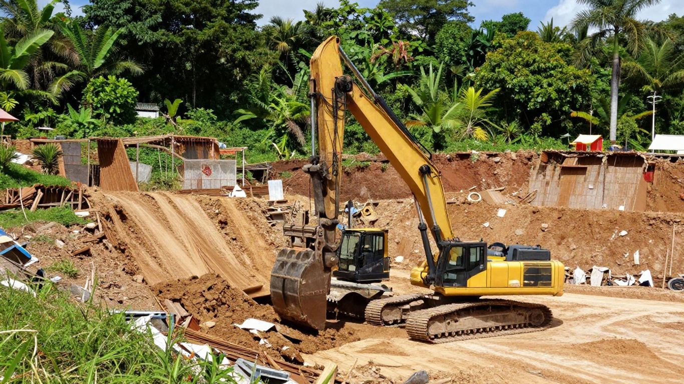 A heavy hydraulic piling rig operating on a steep, terraced construction site, surrounded by green tropical vegetation.
