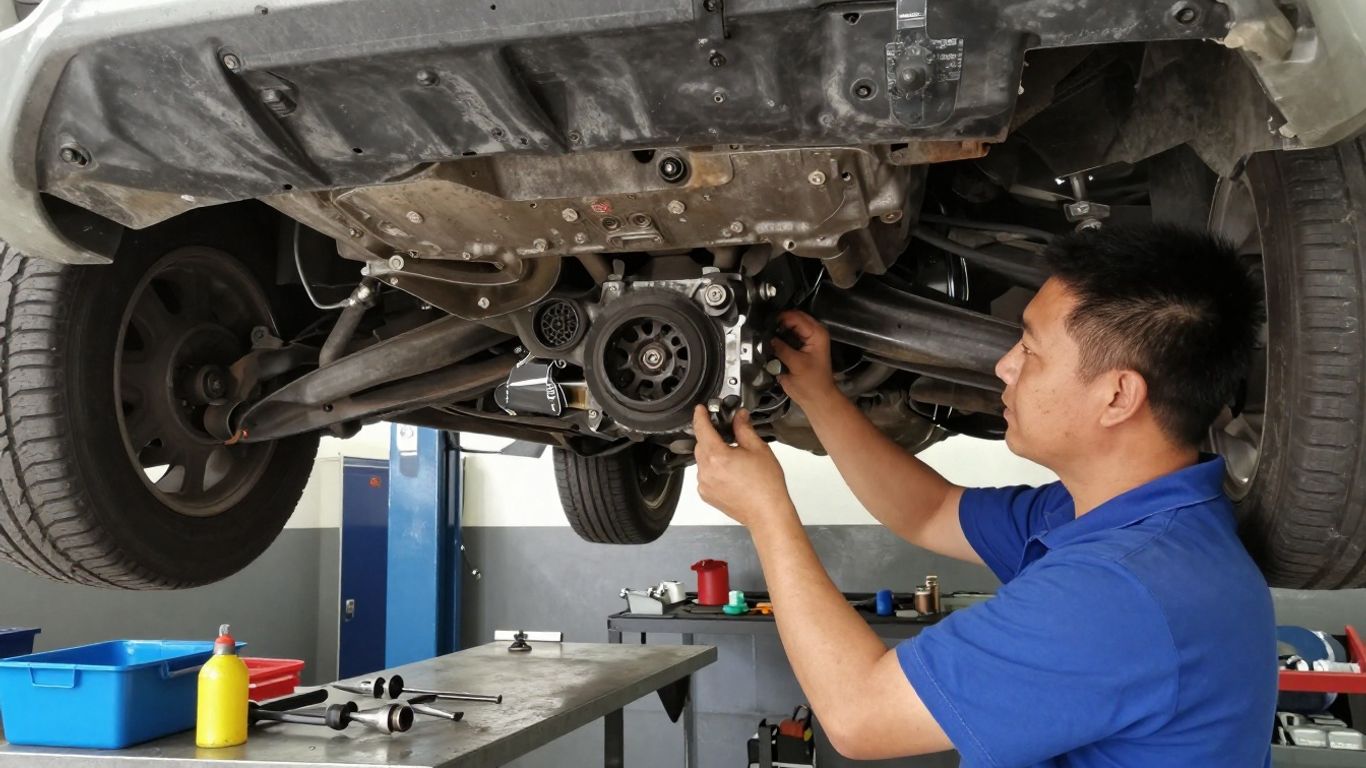 Mechanic inspecting manual gearbox components