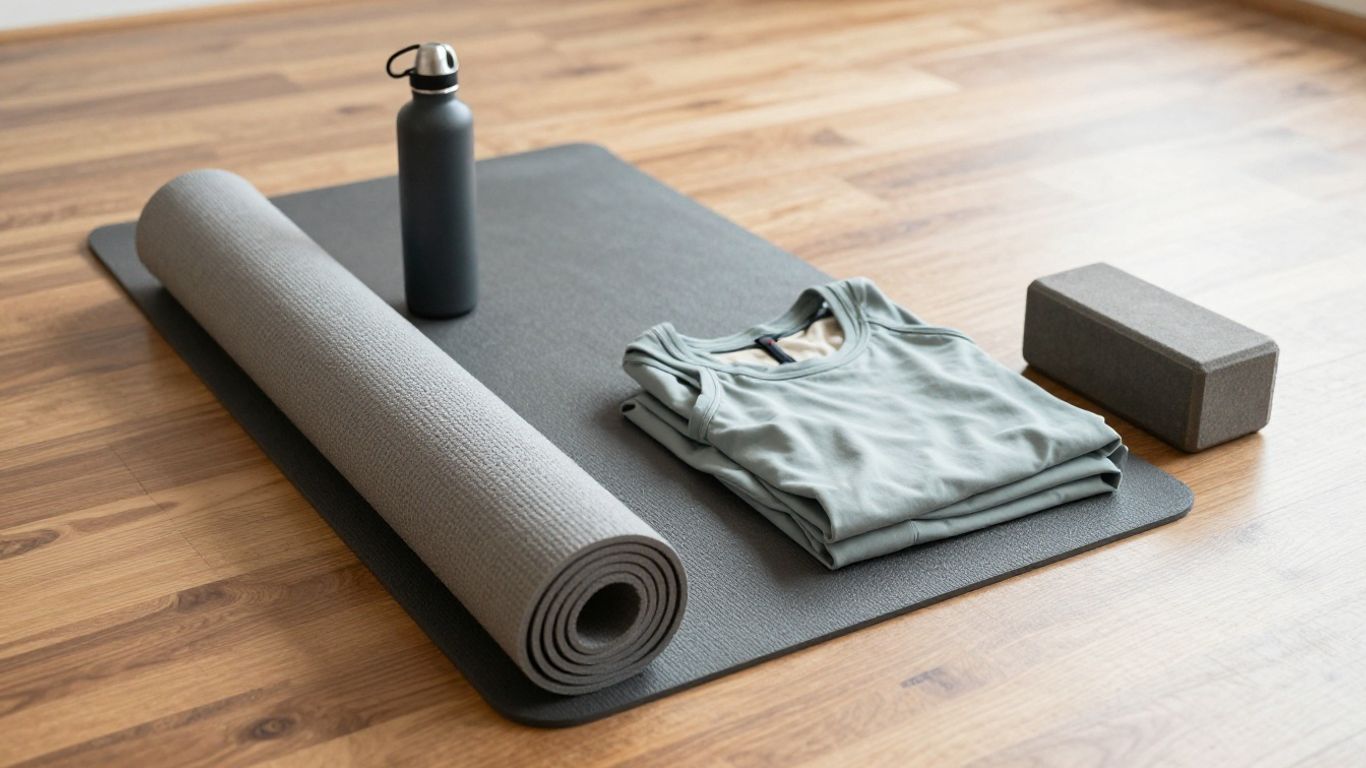 Yoga mat, towel, and water bottle beside studio clothes