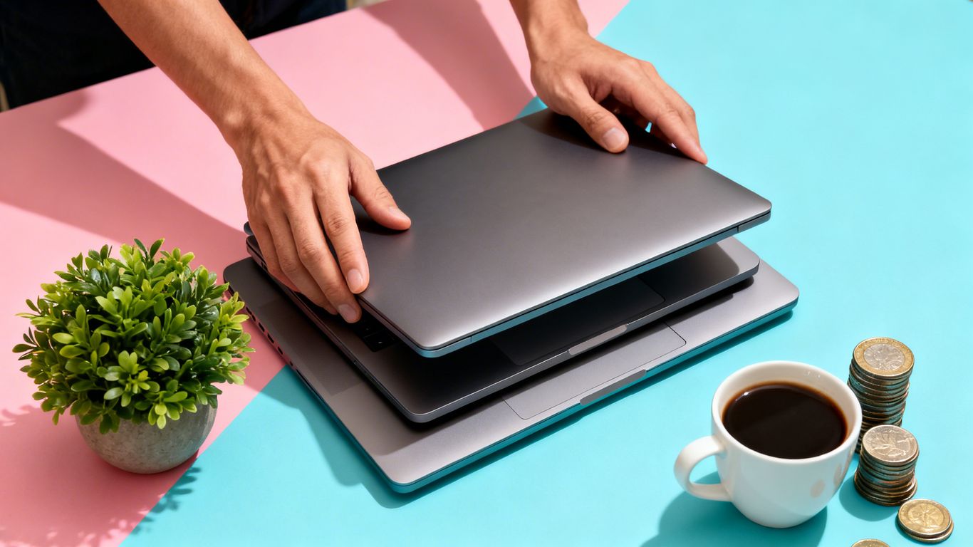 Hands stacking laptop, plant, coins, and coffee cup on a desk.