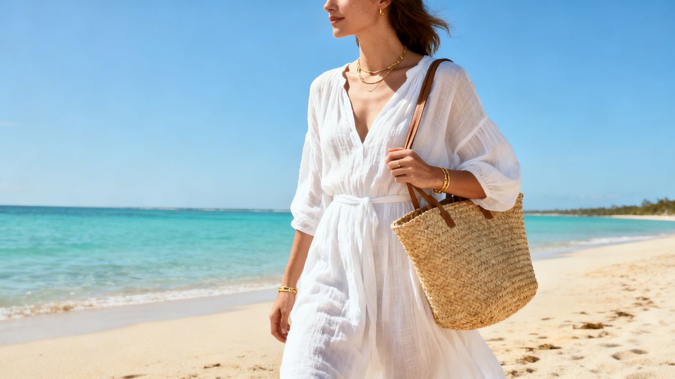 Woman in white linen dress on beach, summer fashion