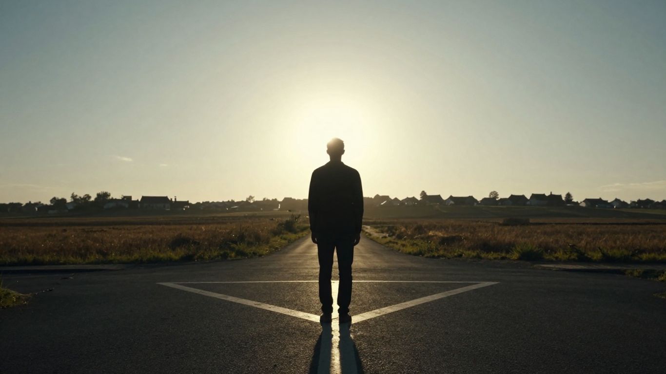 Person at a crossroads, looking back at homeland.