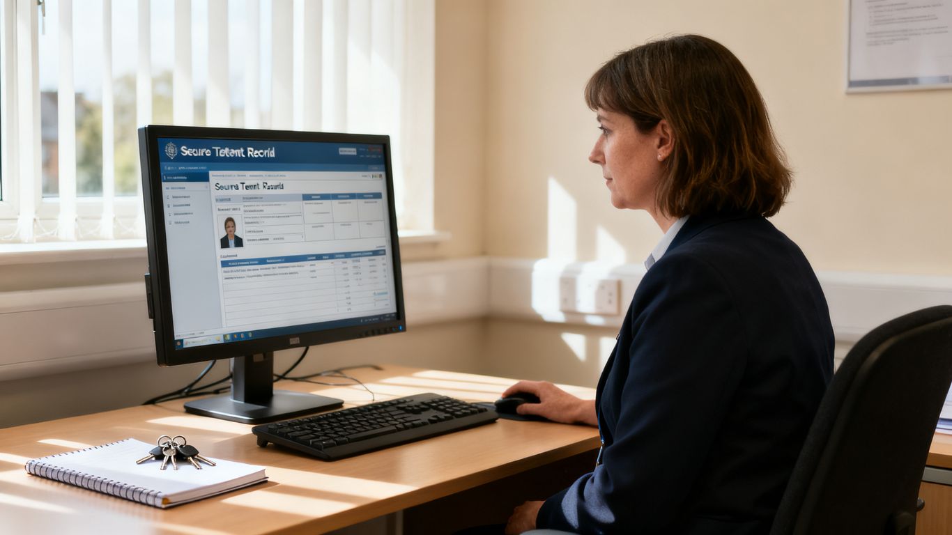 Staff member checking secure housing records at a desk