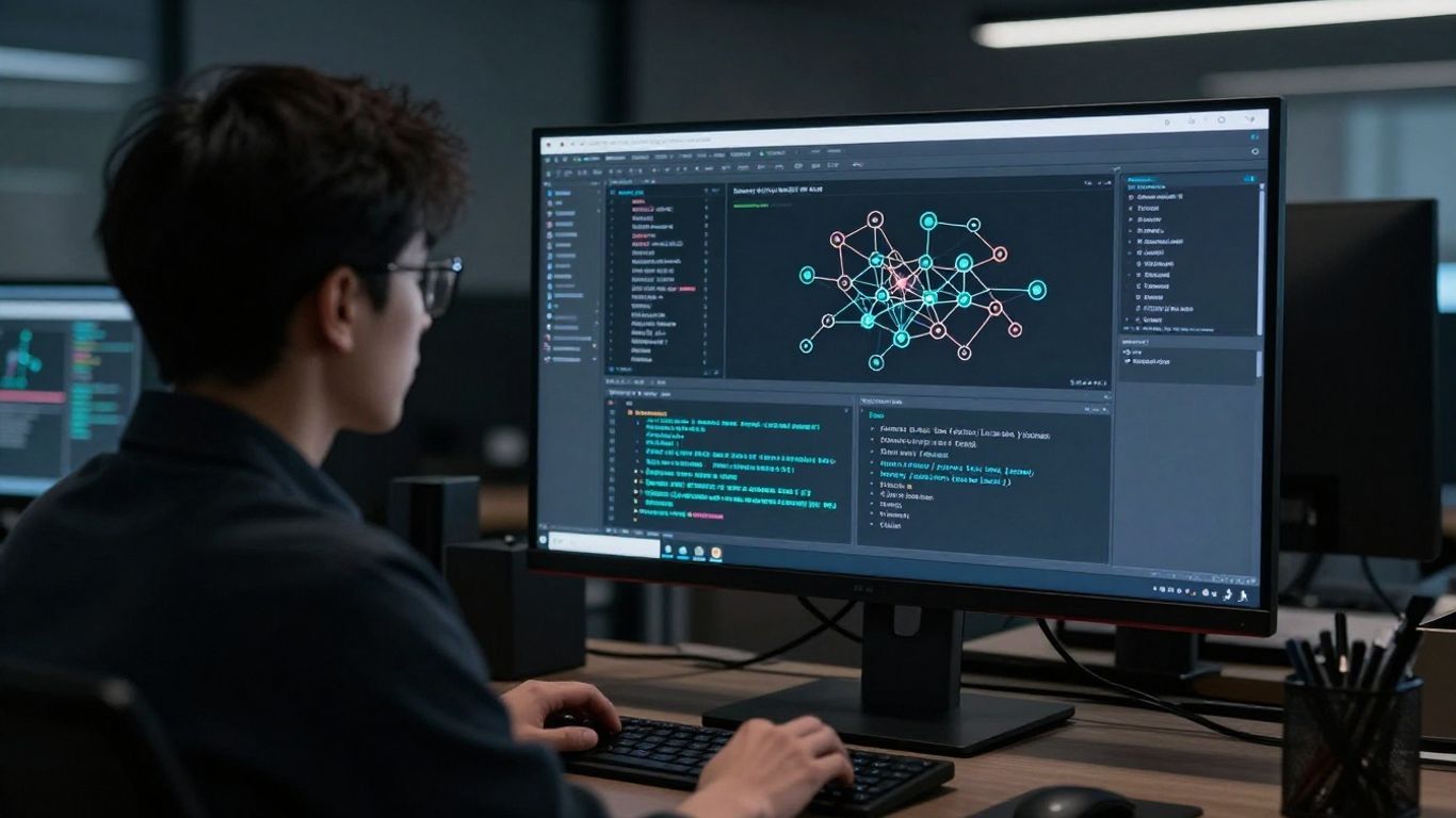 Developer monitors a complex digital interface screen
