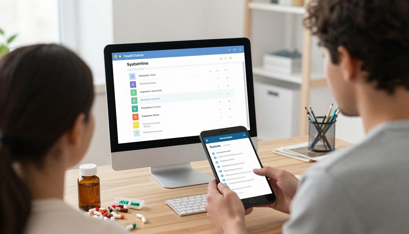 Bright modern health-tech scene showing a diverse adult reviewing a medication timeline and symptom-tracking app beside organized supplements, lab results, and fitness recovery notes; clean workspace, natural light, realistic photography, no text or logos