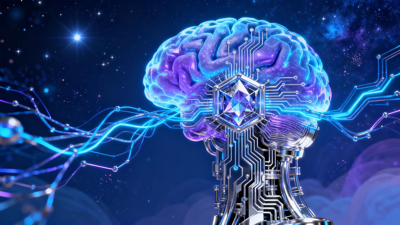 Human brain merging with digital AI circuitry, cosmic background.