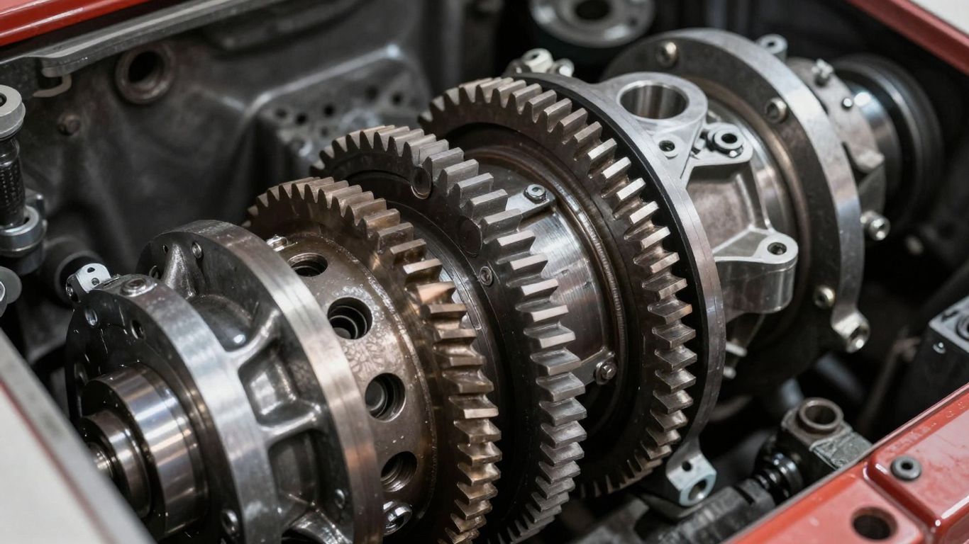 Disassembled truck gearbox with visible gears and metal parts.