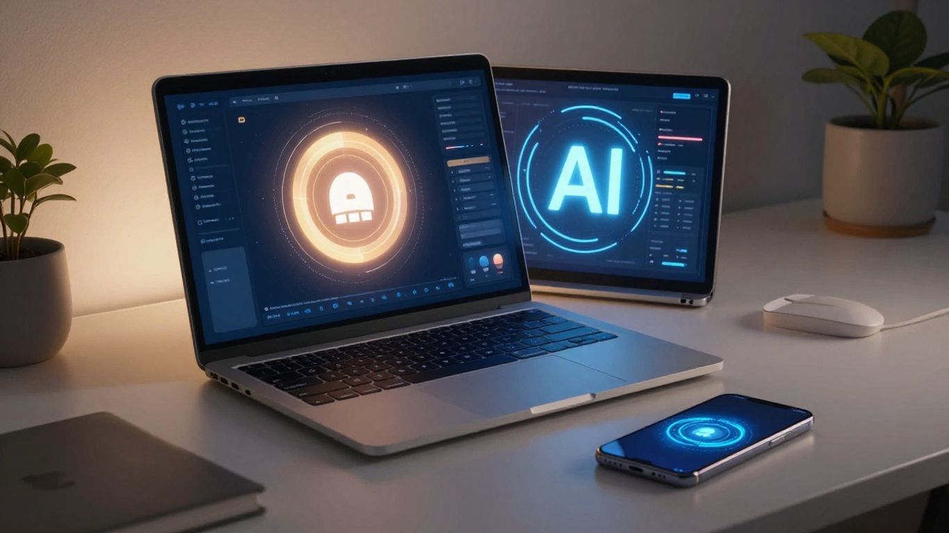 Interface IA sur un ordinateur portable, outils de productivité.
