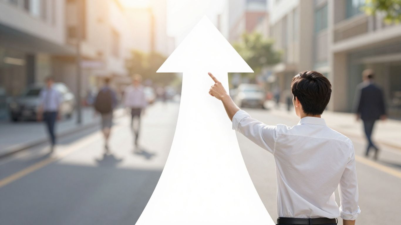 Person pointing at upward trending arrow, symbolizing success.
