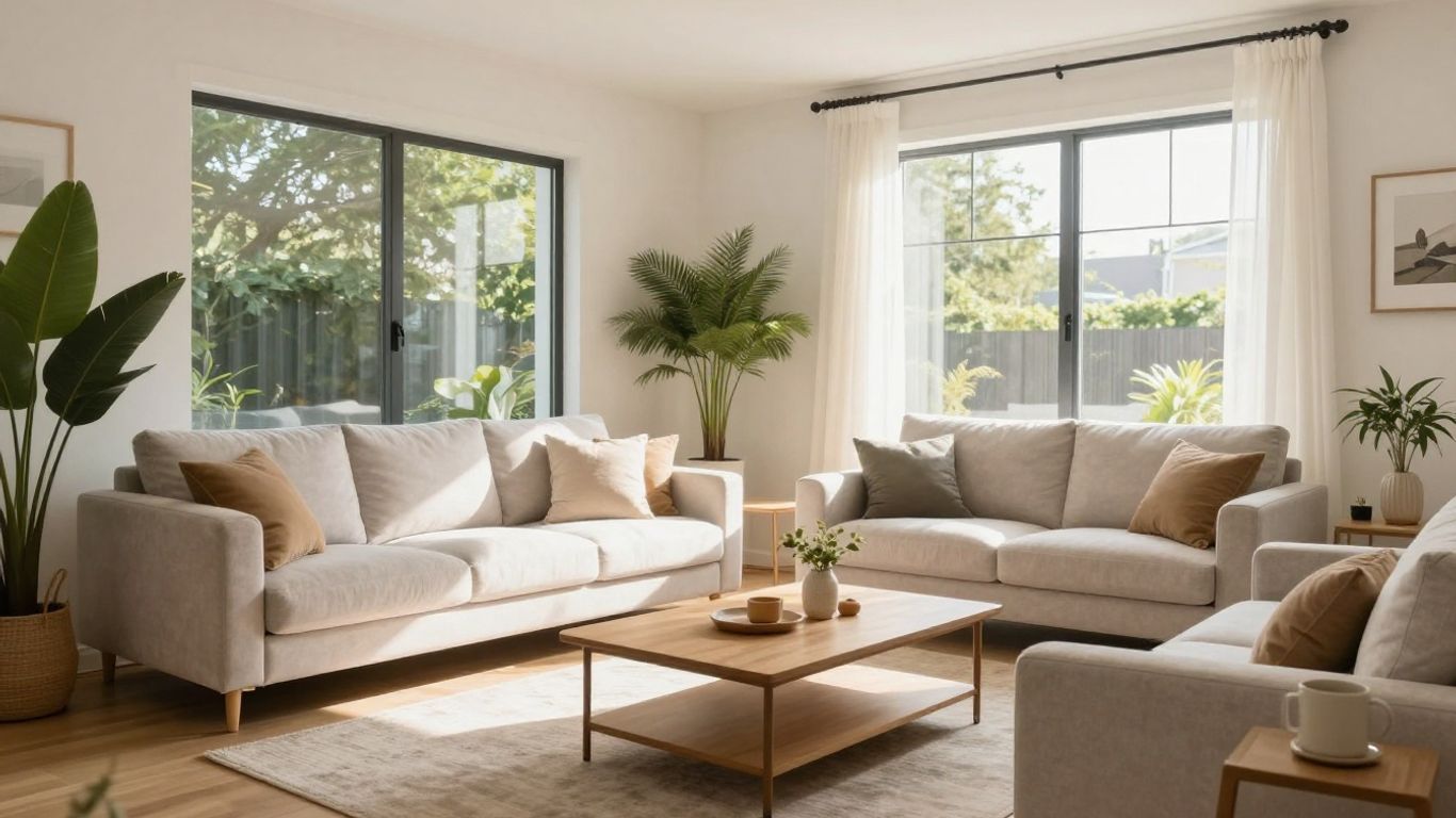 Modern Airbnb living room with stylish furniture and decor.