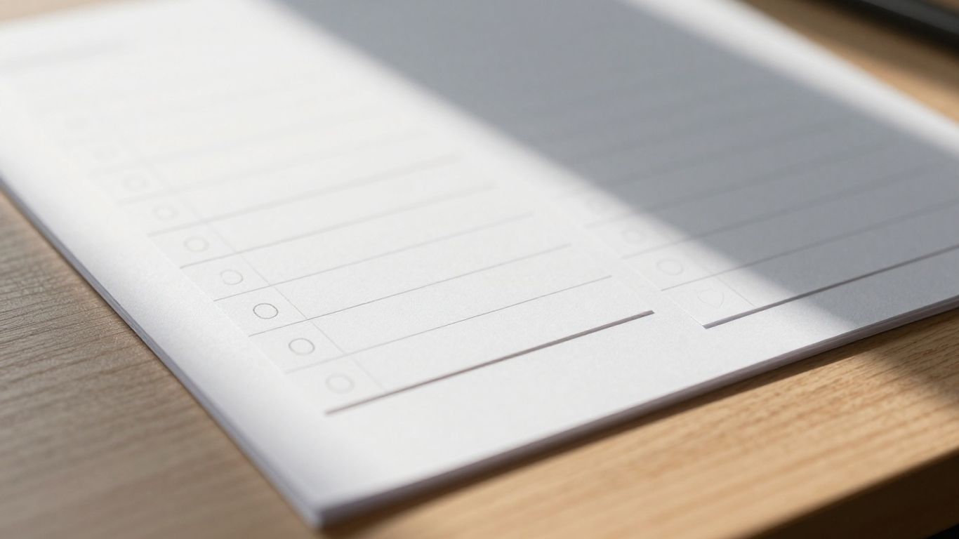 Neatly arranged labels on a clean desk surface.