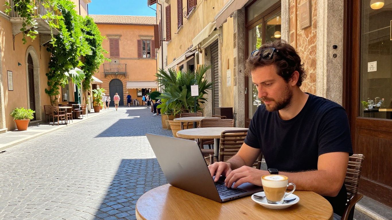 Digital nomad working on a laptop in an Italian piazza.