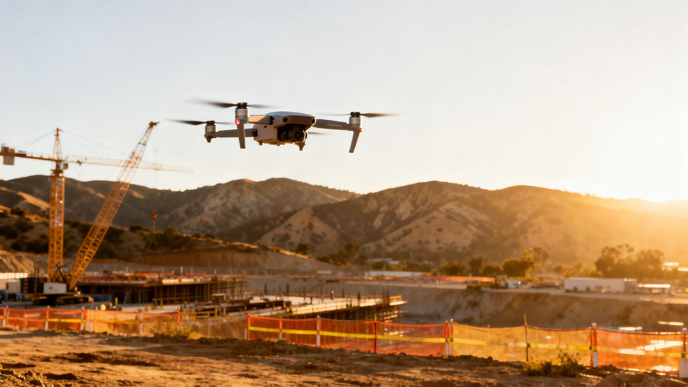 Construction drone surveying an active California jobsite