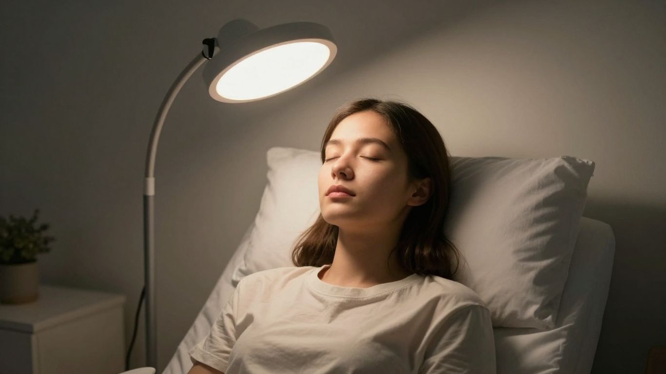 Lichttherapie-Lampe beleuchtet Gesicht einer Person im Raum.