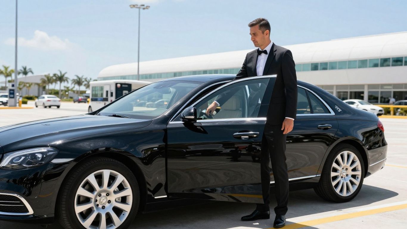 Professional chauffeur assisting client at airport