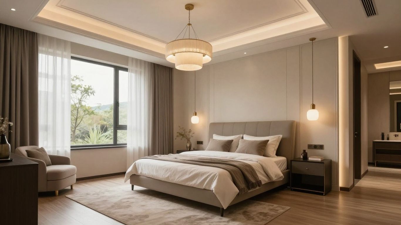 Bedroom with vaulted ceiling and stylish pendant lighting.