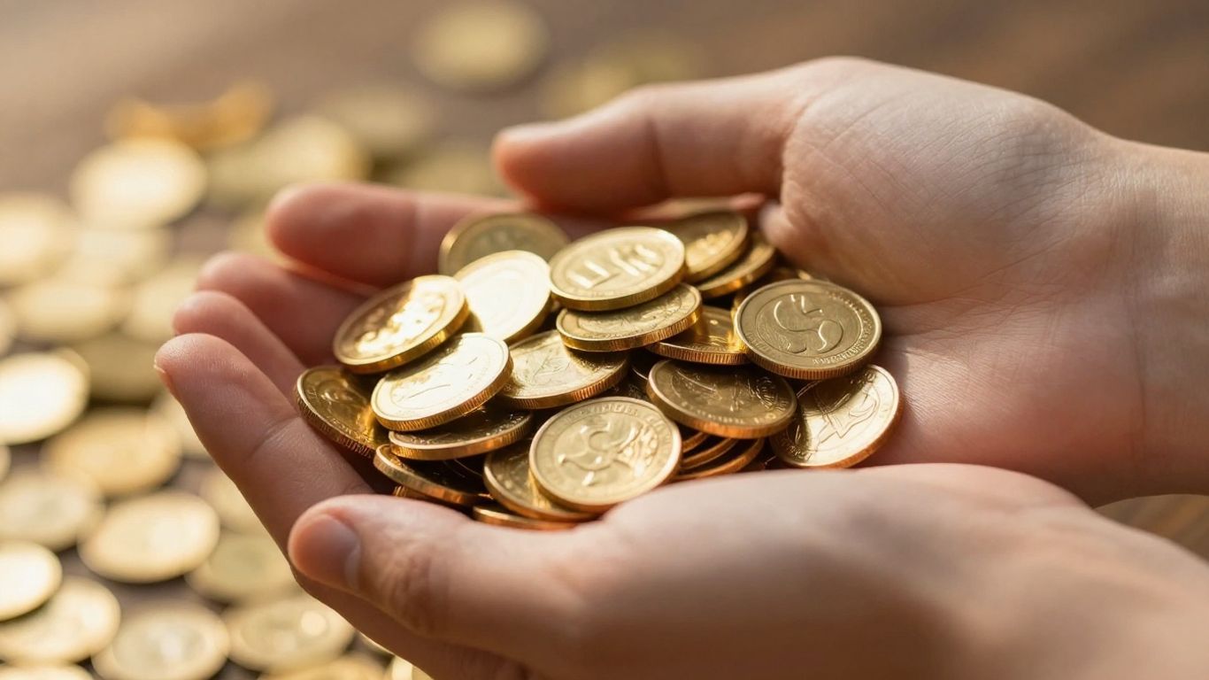 Mains tenant des pièces d'or et des bijoux.