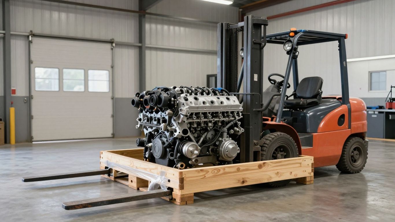 Crated automotive engine ready for freight collection