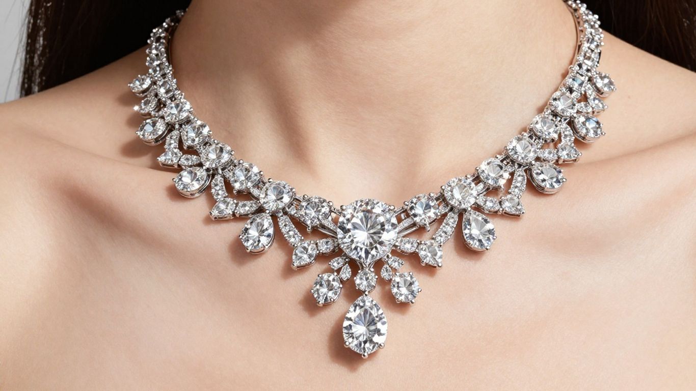 Elegant diamond necklace on a woman's neck.