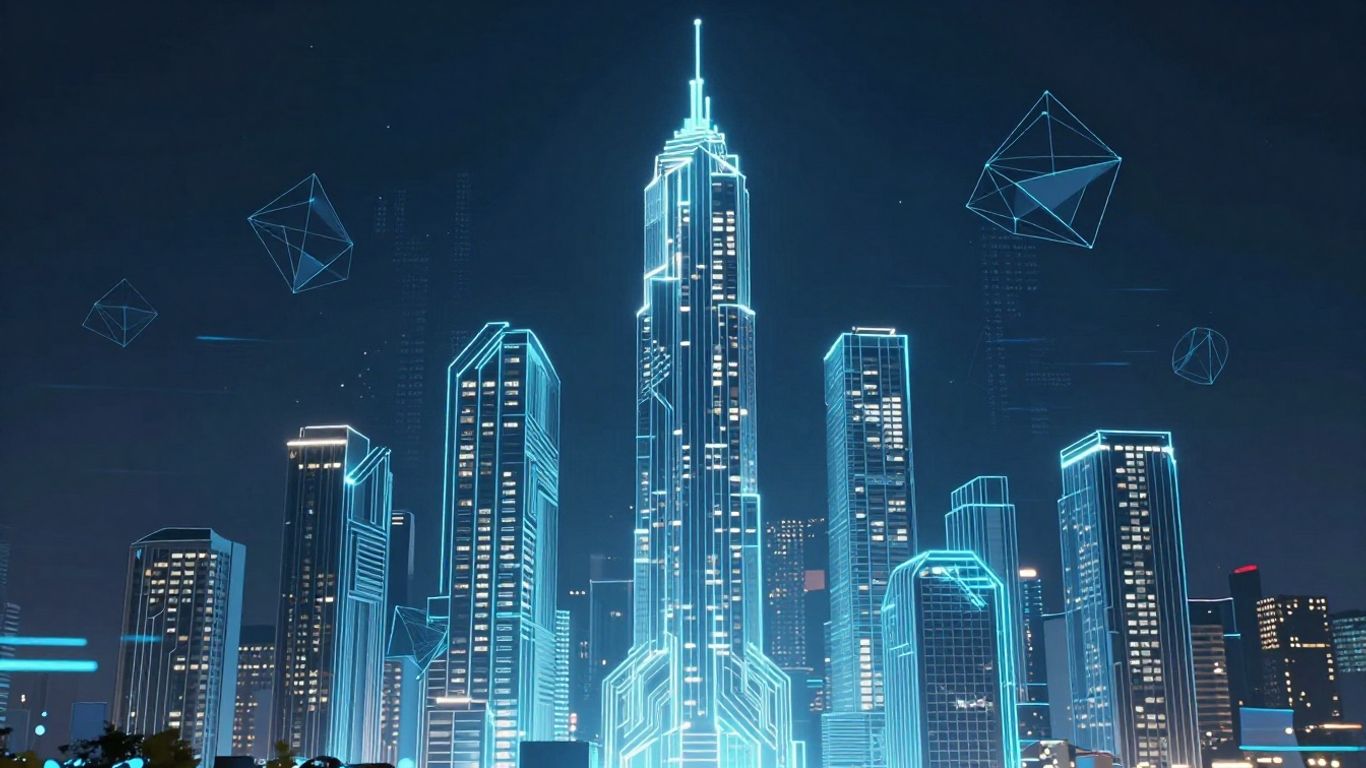 Digital cityscape with glowing circuits and data flow.