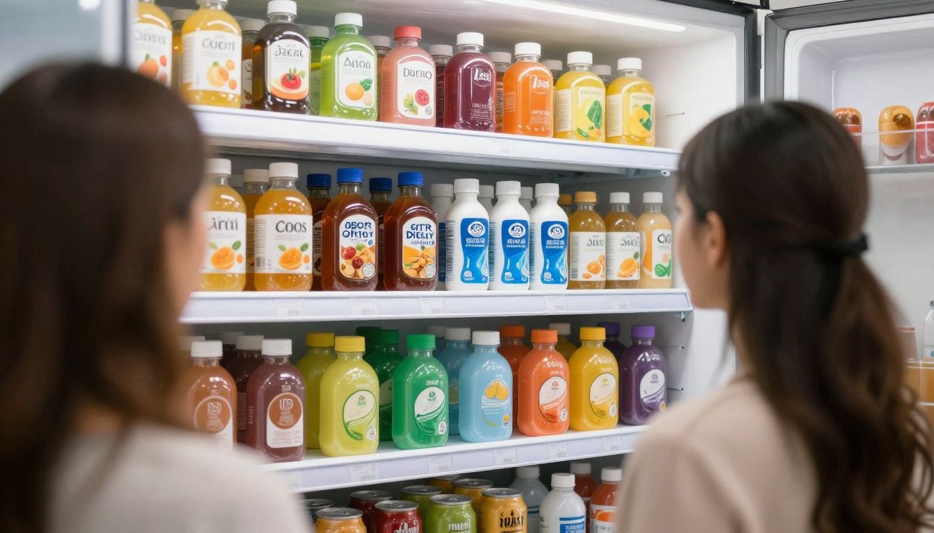 A person's view of a refrigerator shelf at eye-level, stocked with their most frequently consumed beverages.