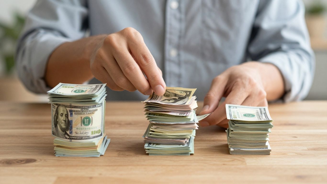 Persona organizando dinero en tres montones.