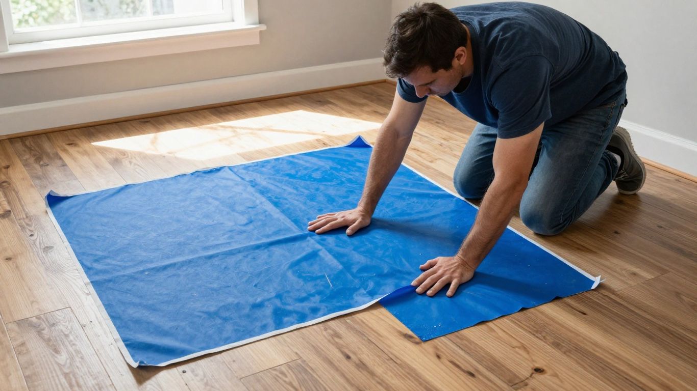 Painter protecting floor with drop cloth