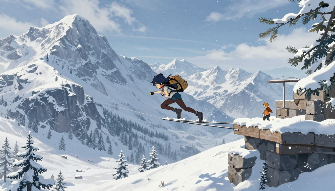 Cena de plataforma em Celeste com Madeline atravessando obstáculos e usando o dash em uma montanha coberta de neve
