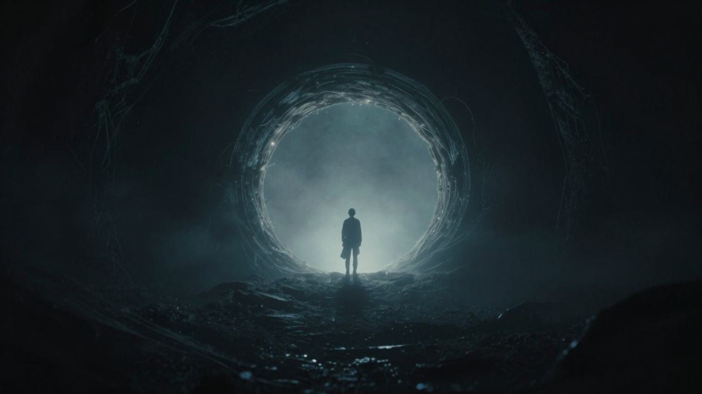 Figure approaching a glowing portal in a dark, atmospheric game world.