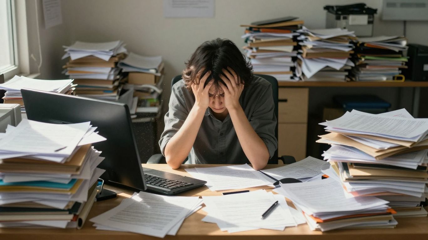 Bureau encombré et personne stressée perdant du temps au travail.