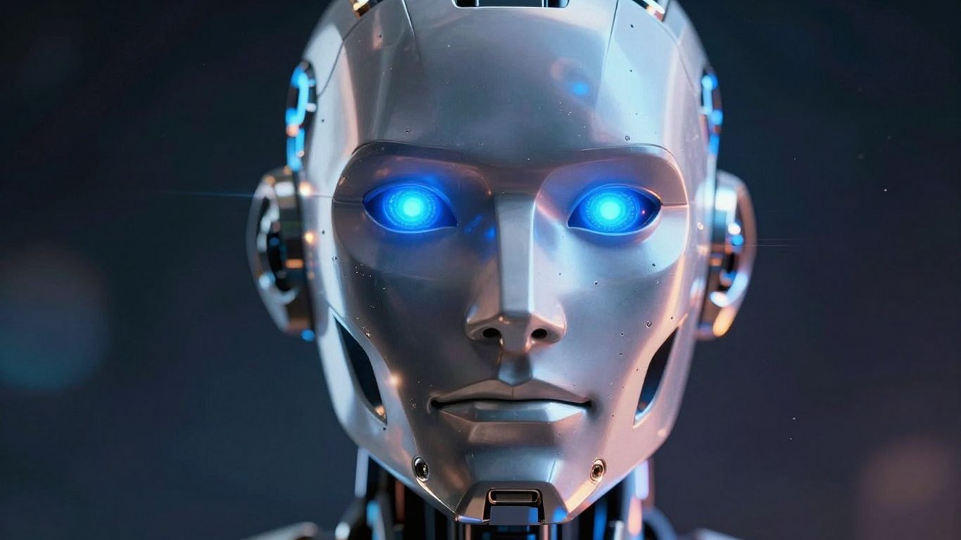 Tête de robot stylisée avec des yeux bleus lumineux