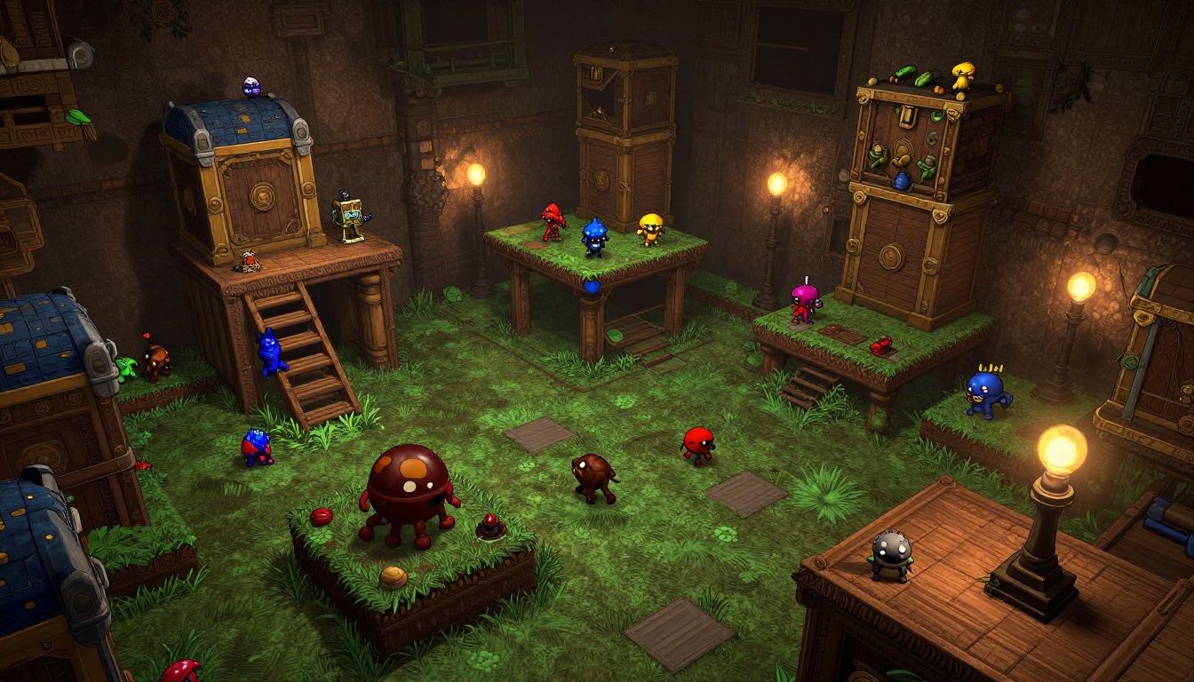 Arena subterrânea de Terraria preparada para farmar inimigos, com plataformas, armadilhas, baús e iluminação adequada