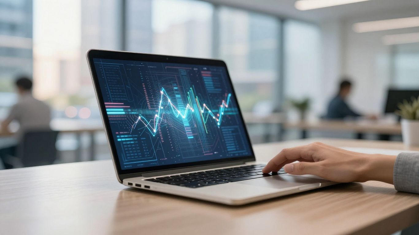 Laptop with glowing data streams in a modern office.