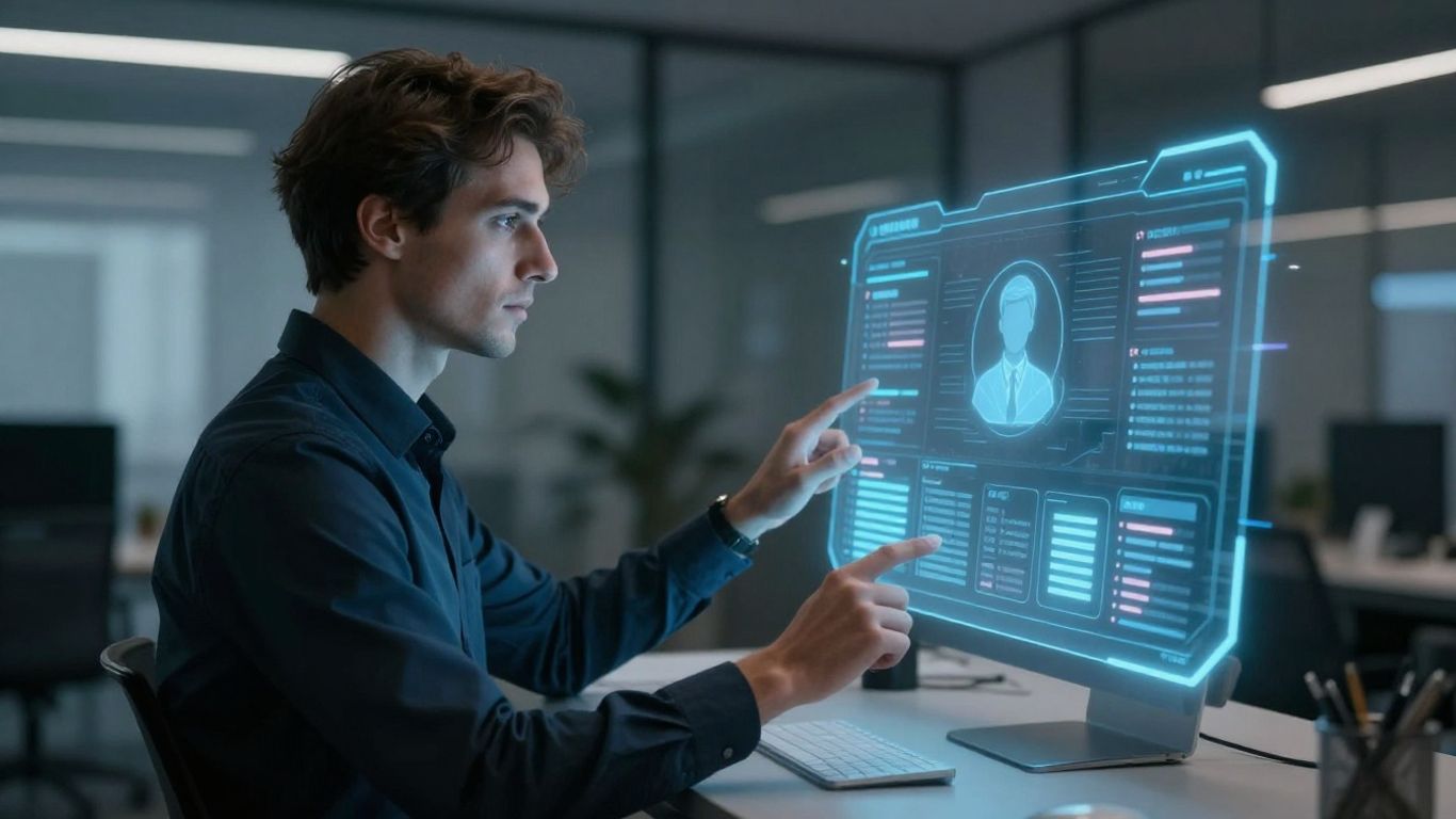 AI customer support interface in a modern office.