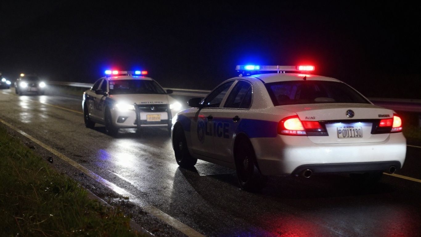 Speeding car evading police lights on a dark road.