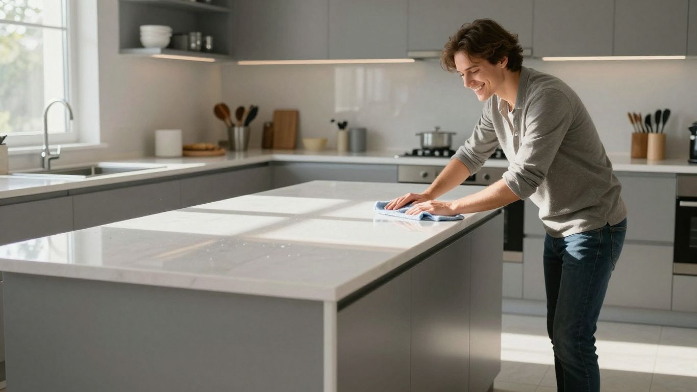 Woman cleaning kitchen quickly, saving time.