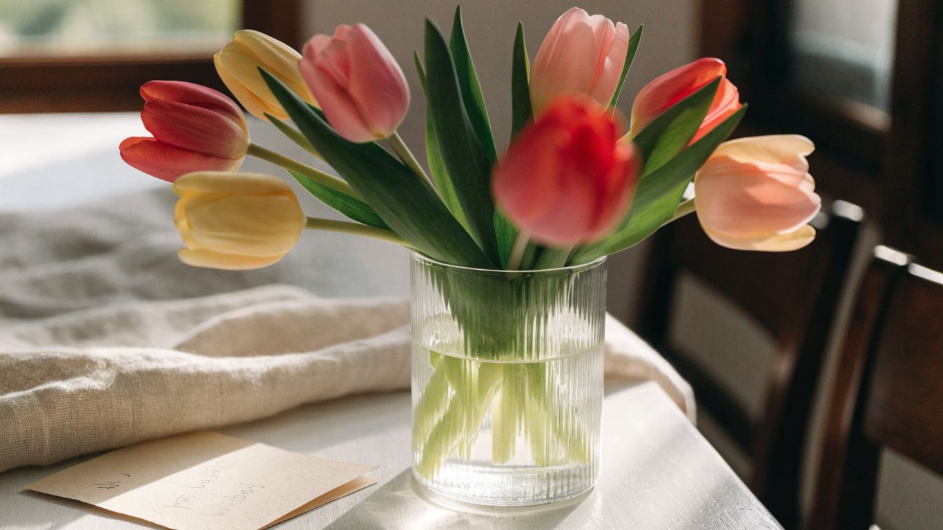 Colorful tulips arranged in a simple glass vase